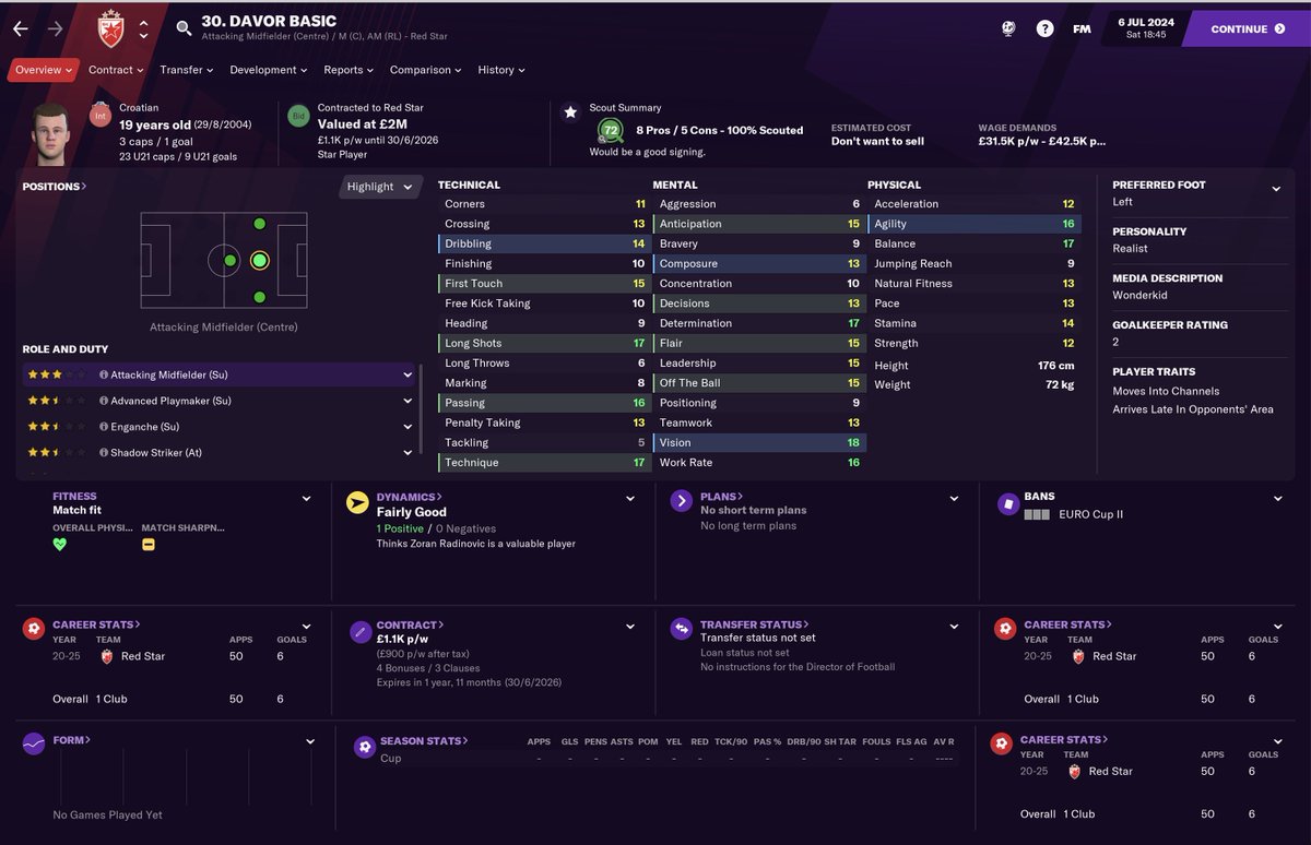 Probably the last bit of business I do in the 24/25 Summer window will be selling prospect Ömer Beyaz. Again signed for FREE. After A bunch of loans, I'm selling him for £12.5m to Benfica & using the money to buy Davor Basic for £15.5m. He'll be a nightmarish Mezzala  #NUFC  #FM21  