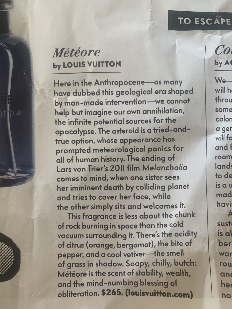 copia's tweet image. Carmen channeling her inner Herzog for VF perfume review.  We all need our payday consolations