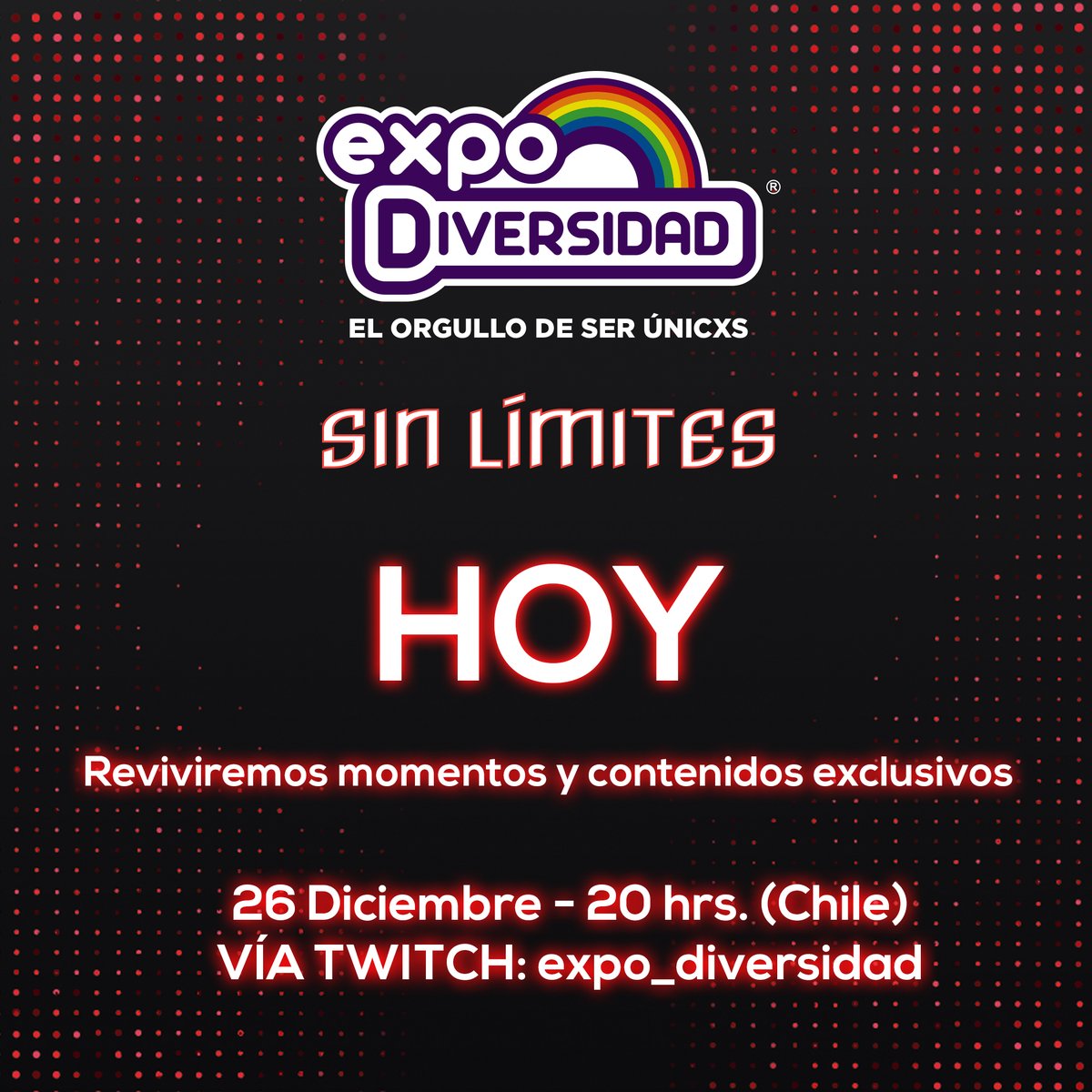 ExpoDiversidad's tweet photo. HOY!!  🏳️‍🌈 No te lo pierdas!
🙌🏼 📱 💻 📺  🙌🏼
Transmisión vía Twitch (link en nuestra bio)

Horario inicio transmisión: 
🇨🇱 20:00
🇦🇺 10:00
🇺🇸 15:00
🇪🇸 🇫🇷 00:00
🇨🇴 🇪🇨🇵🇪 18:00
🇧🇴🇻🇪 19:00
🇵🇾🇺🇾🇦🇷 20:00
🇲🇽 17:00
🇰🇷 8:00
https://t.co/qvvDto6srp https://t.co/C3AsnGQAo9
