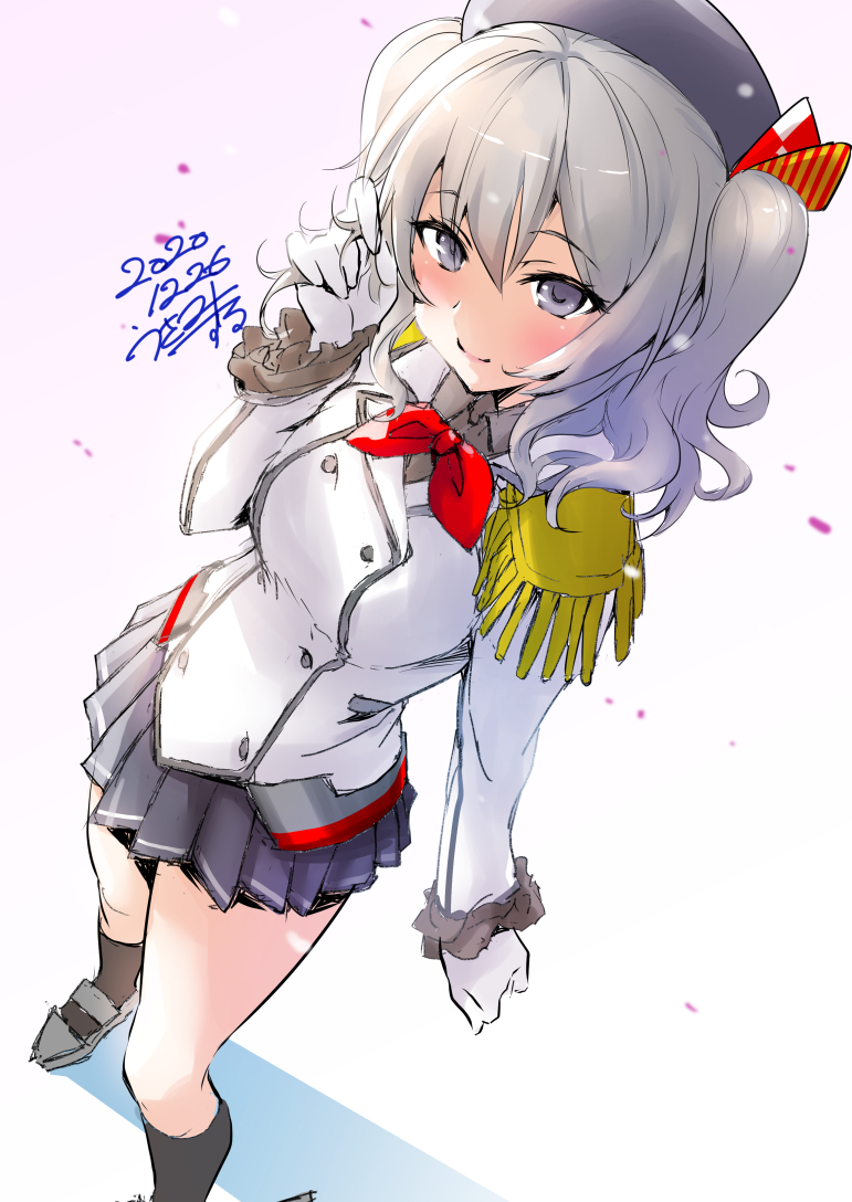 kashima (kancolle) 1girl solo skirt grey hair epaulettes gloves hat  illustration images