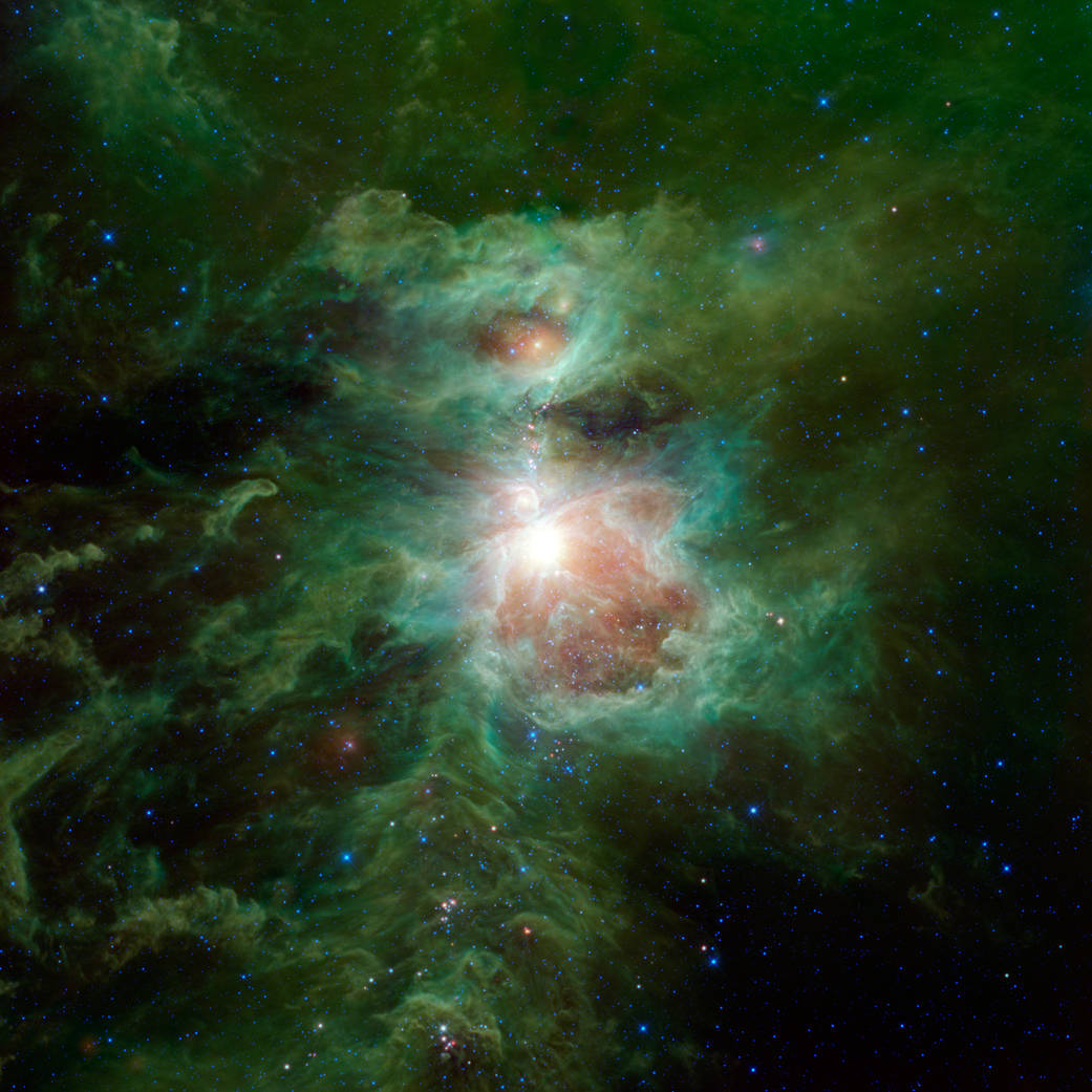 The Orion nebula is featured in this sweeping image from NASA's Wide-field Infrared Survey Explorer, or WISE. The constellation of Orion is prominent in the evening sky throughout the world from about December through April of each year. The nebula (also catalogued as Messier 42) is located in the sword of Orion.