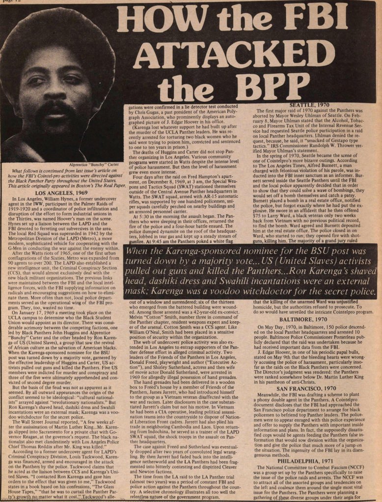 To summarize, Kwanzaa was a direct response to the unification of ALL American people encouraged by the Panthers. Karenga was an FBI agent who was involved, on multiple occasions, in the destruction of the Black Panthers.