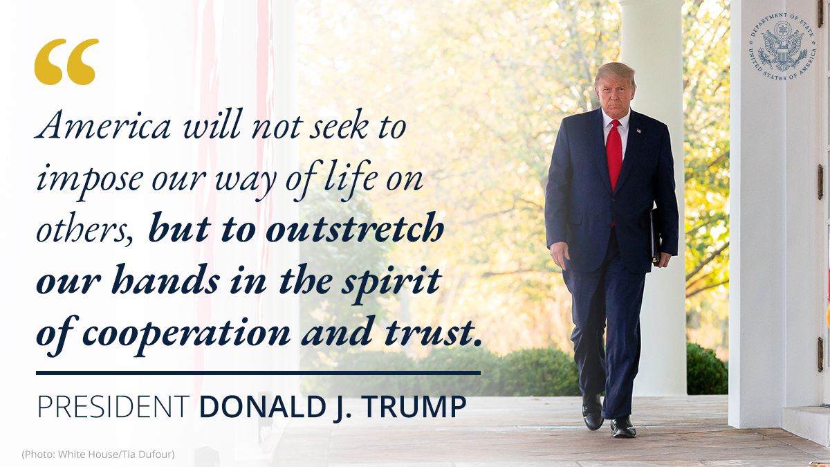 President <a href="/realDonaldTrump/">Donald J. Trump</a>: America will not seek to impose our way of life on others, but to outstretch our hands in the spirit of cooperation and trust. go.usa.gov/xAaNx