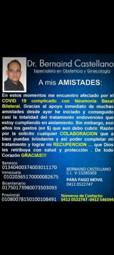 FundYaraPosible's tweet photo. #Yaracuy El Dr. Bernaind Castellano Gineco obstetra Dx. COVID 19, complicado con Neumonía basal bilateral. Requiere apoyo para costear los gastos que han derivado de contraer el virus. ¡Vamos a tenderle la mano! ¡Ayudemos a nuestros médicos! https://t.co/Nr9GjTqUb7
