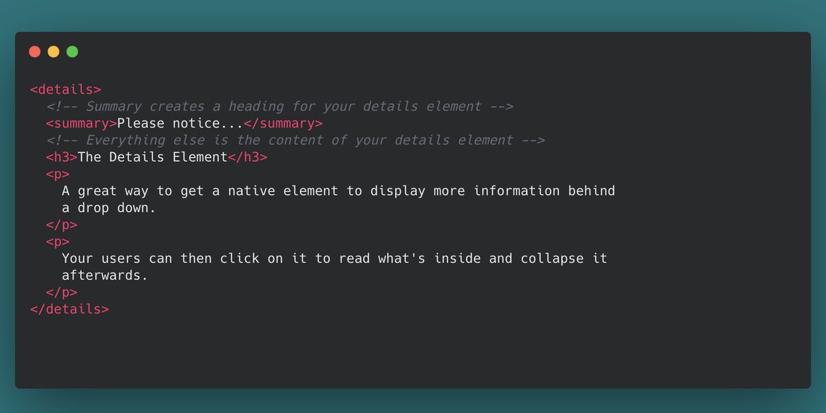 oliverjumpertz's tweet image. 🤎 HTML tip 🤎
ℹ HTML has a details element to hide information behind that a user can drop down on-demand.
✅ No need to implement a drop down in JavaScript, when HTML already has you covered. 😊