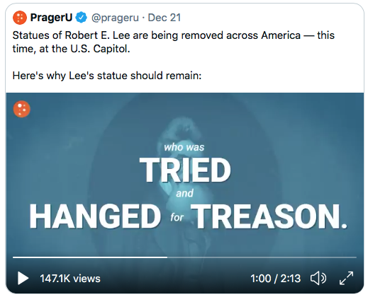 (Prager doesn’t see the irony of using John Brown being tried and hanged for treason to defend the statue of a man who committed treason.) 6/10