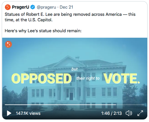 The “icon of reconciliation” opposed African Americans voting. Remember, Prager U. considers this worth celebrating with a statue at the Capitol. 8/10