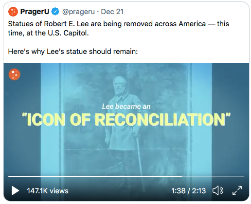 The “icon of reconciliation” opposed African Americans voting. Remember, Prager U. considers this worth celebrating with a statue at the Capitol. 8/10