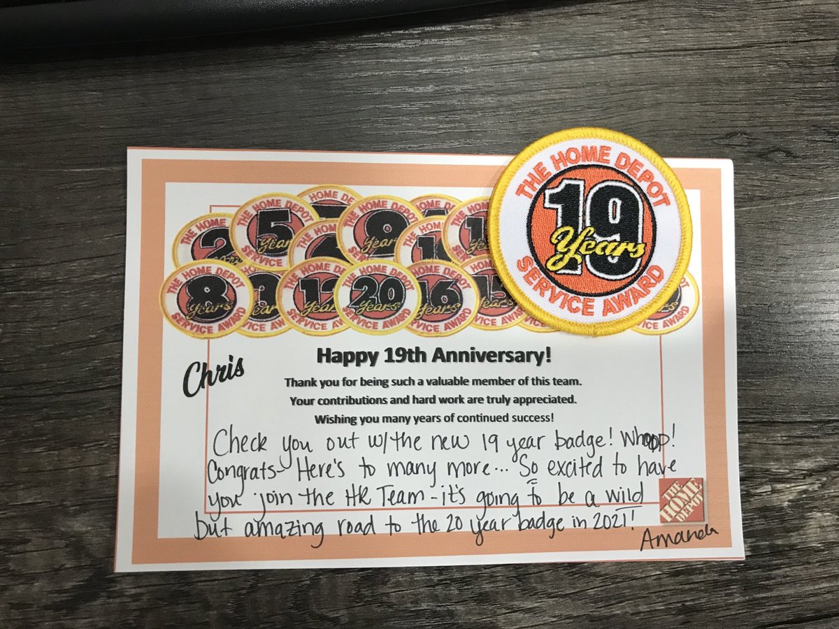 19 years ago I made a life changing decision to join ⁦<a href="/HomeDepot/">The Home Depot</a>⁩ for my career. I am blessed to have worked with so many amazing associates and cannot wait to meet many more. Thanks ⁦<a href="/AmandaKincadeSE/">Amanda Kincade</a>⁩ for my tenure badge 👍🏻🥳