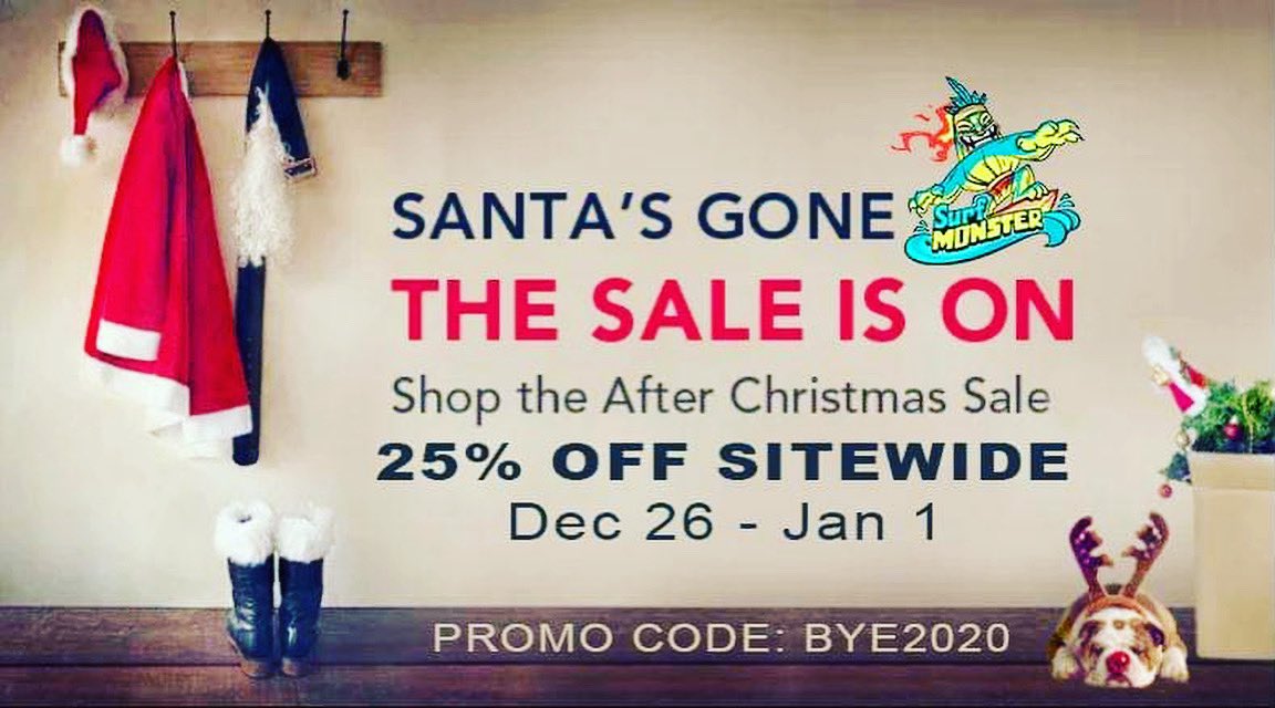 SurfMonsterCo's tweet photo. 25% O F F ⚡️ S I T E W I D E !! 

Shop the After Christmas Sale NOW- Dec 31st and save big on everything while sizes and styles last!! 🤙🏼🤩
Use code : BYE2020 at checkout!       

#surfmonster #embracethechill #sale #surfart #beachvibes #surfapparel #beachapparel https://t.co/9ykdpIGNRl