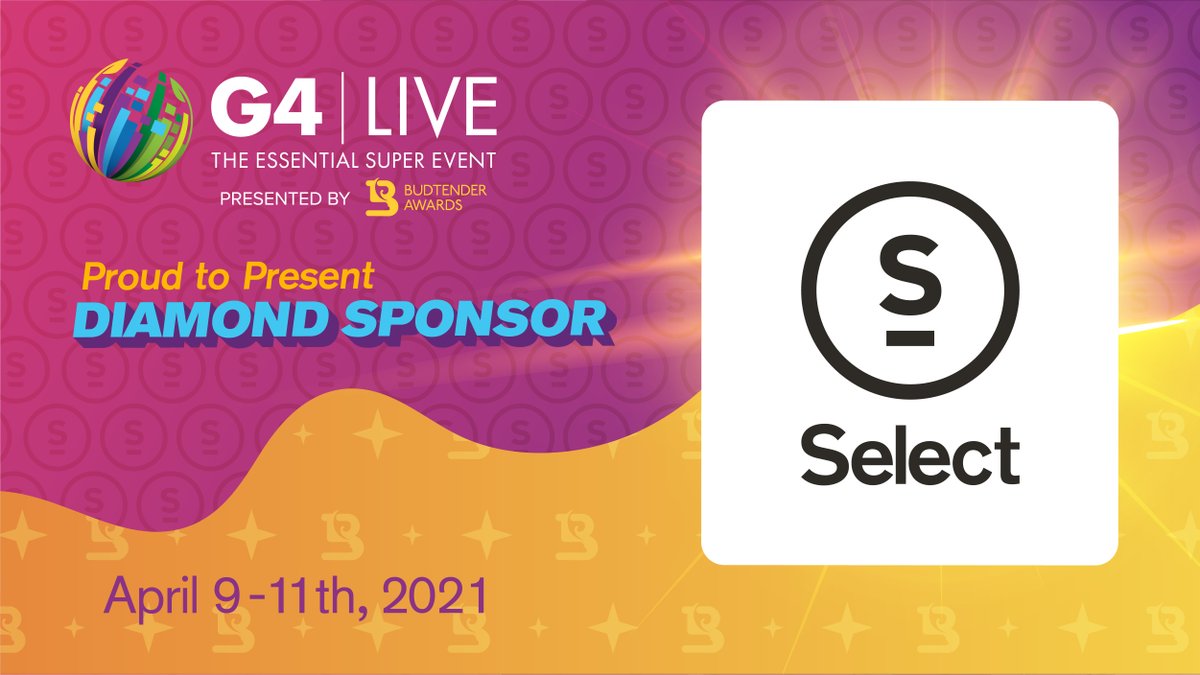 We're proud to announce our Diamond Sponsor <a href="/select_better/">Select</a>!  
They will be showcasing their products and presenting Brand Certifications at <a href="/G4LiveX/">G4 Live</a> April 9-11th, 2021! #BudtenderAwards #G4Live #SelectBetter