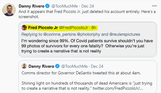 christineR850's tweet photo. #FredPiccolo #GovDesantis spokesperson. If we shouldn't show pictures of the dead from Covid-19 & mourn them, unless we show the survivors, should it be the same for the dead of 9/11, or Pearl Harbor when so many DIDN'T die on those days? What a jerk. https://t.co/uiBcyEGRFj