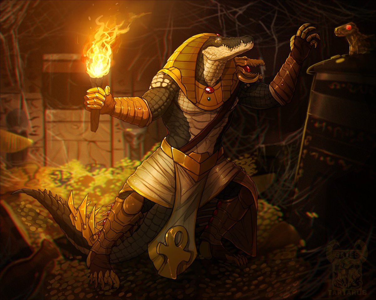 Dematraxus's tweet image. What happens when you anger a big crocodile priest who has quite the temper when you steal something from the Temple of Sobek?  Well, let’s just say he always manages to get it back

#crocodile #tomb #SFW #furry #egyptian #retake #sobek