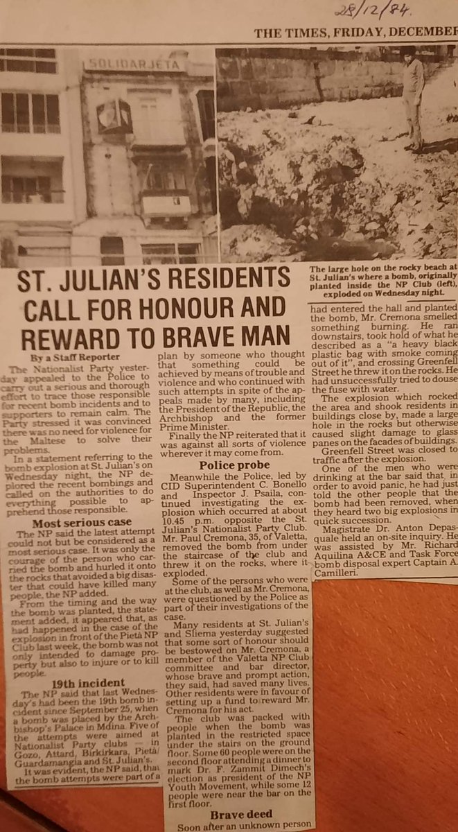 RobertaMetsola's tweet photo. 36 years ago: 

"Paul Cremona picked up the bomb, that had been placed under the staircase in the @PNMalta Club in St Julian's, and threw it onto the rocks near the sea where it promptly exploded."

Many lives were saved that day. That heroic act won't be forgotten. #Malta https://t.co/5Yt5ikxZmA
