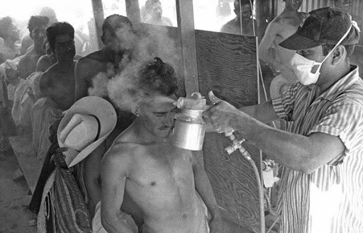 mexican laborers sprayed w DDT &amp; other carcinogenic chemicals to gain entry into the US during the bracero program