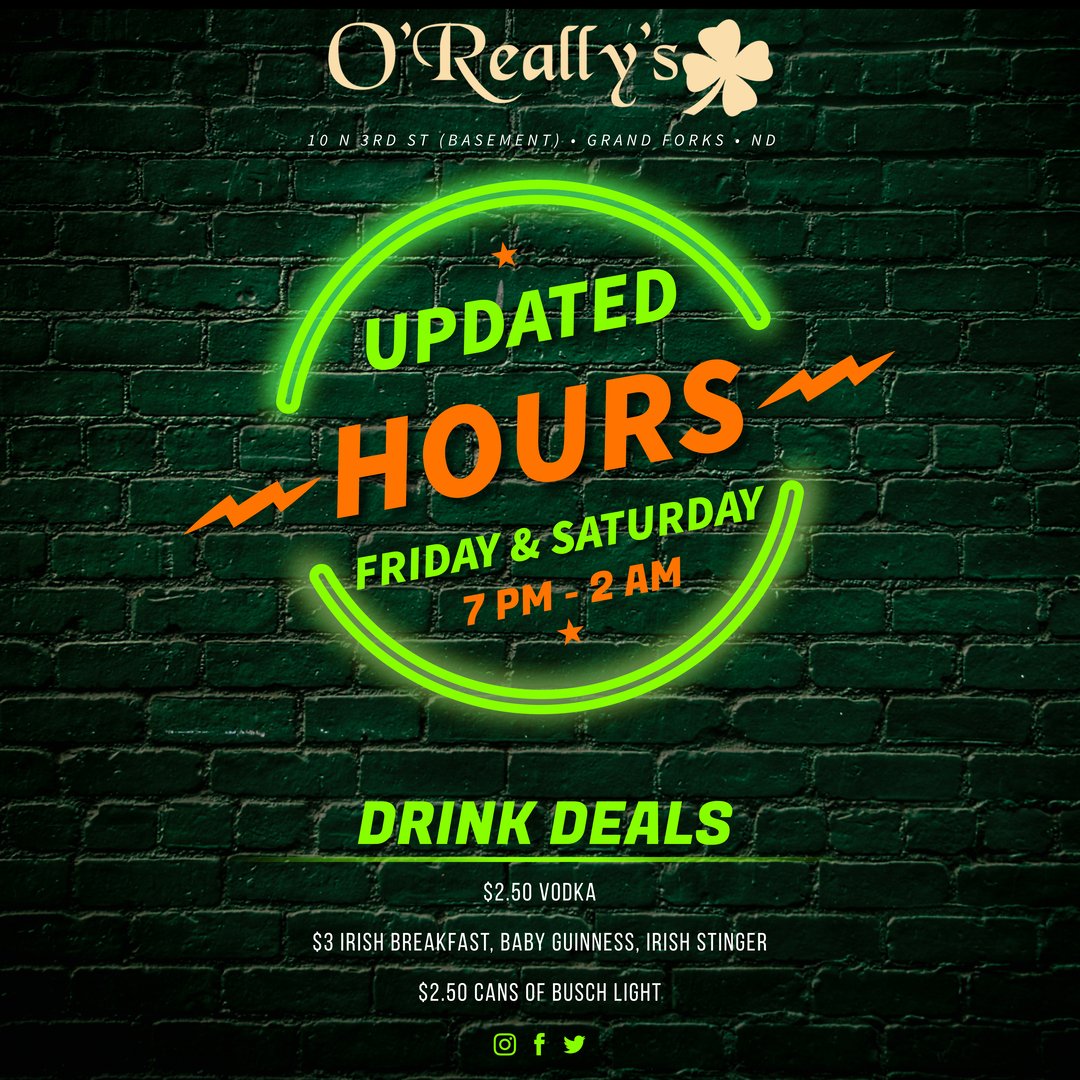 O'Really's is now open Fridays &amp; Saturday from 7 PM - 2 AM. 
🎇We WILL also be open on Thursday, 12-31-20, to celebrate NYE with you.🎇
