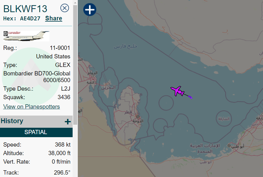 Osinttechnical's tweet photo. E-11A Battlefield Airborne Communications Network aircraft heading towards Iraq https://t.co/9NgpECdnDP