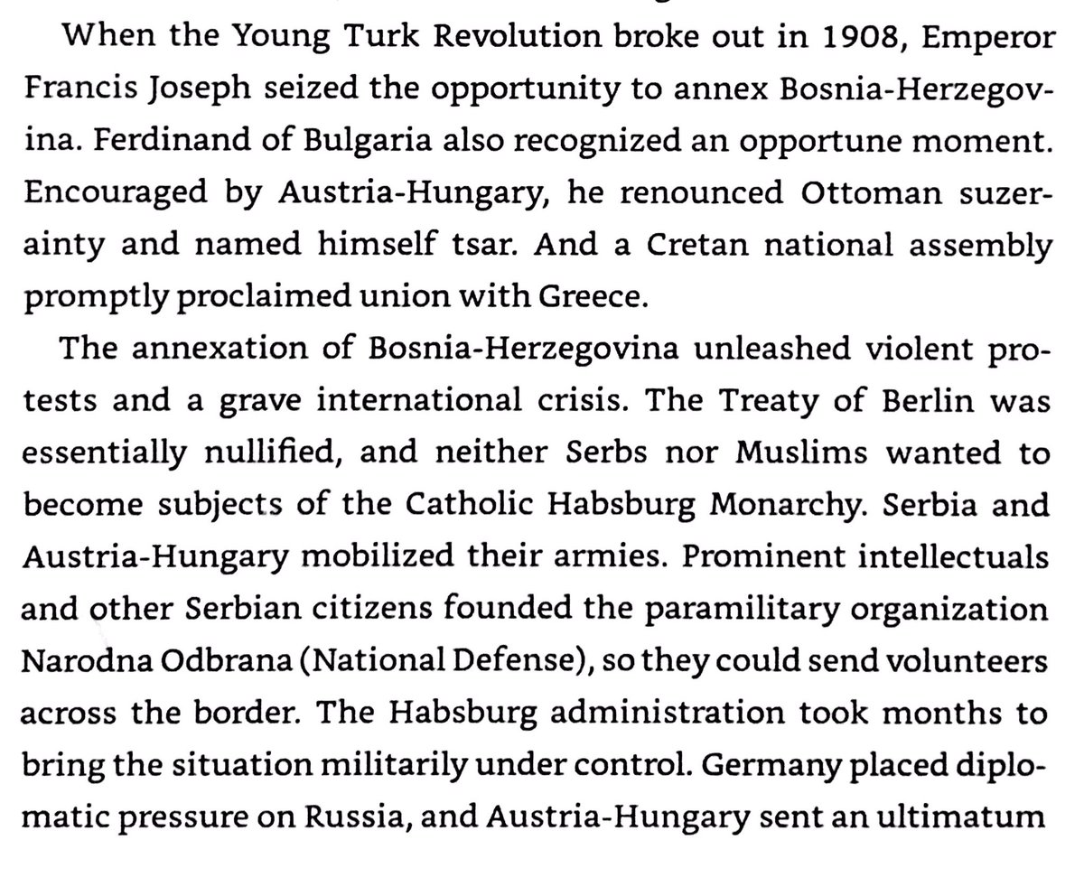Young Turk Revolution in 1908 led Austria-Hungary to annex occupied Bosnia, Bulgaria to declare freedom, & Crete to reunite with Greece. Annexation inflamed S Slavic sentiments against Austria-Hungary, & Hapsburgs rejected idea of a triune monarchy with S Slav representation.