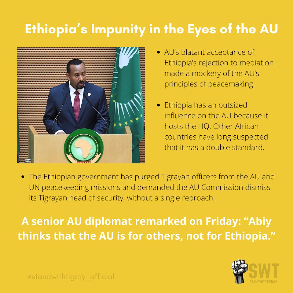 The  @_AfricanUnion’s blatant acceptance of Ethiopia’s rejection to mediation has made a mockery of the AU principles of peacemaking A senior diplomat remarked, “Abiy thinks that the AU is for others, not Ethiopia”