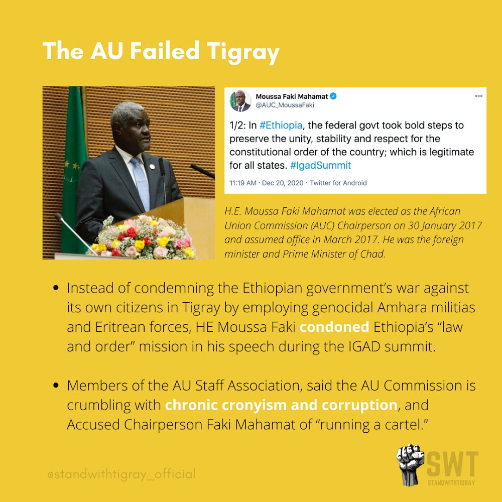 The  @_AfricanUnion has failed  #Tigray. Instead of condemning the Ethiopian Government’s war against its own citizens,  @AUC_MoussaFaki condoned Ethiopia’s ‘law and order’ mission that has killed thousands during his speech in the IGAD summit.