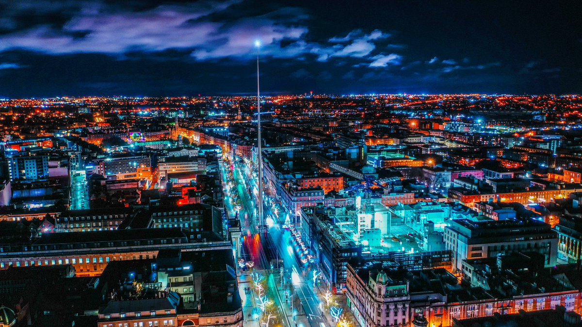 O’Connell Street with the Spire lighting the night sky... #Christmas2020 #winterlightsdublin #dublin #ireland #aerialphotography #aeroskyyav #dji