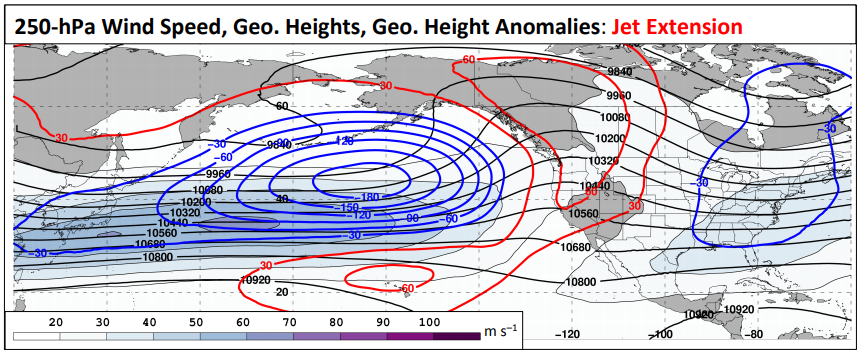 This is in contrast to the Jet Extension composite which is a bit south compared to the Poleward Shift composite. Note the +PNA ridging in W North America. Also, the jet isn't extended as far east (which is interesting given the name 'Jet Extension')