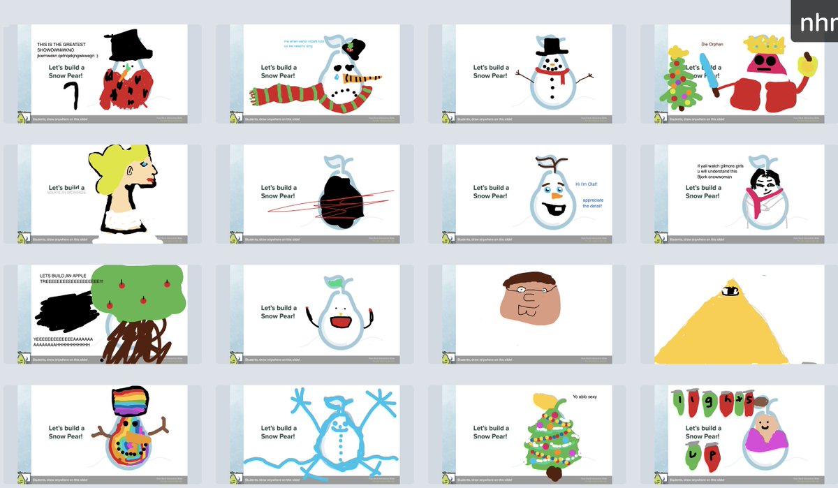 BioteachNg's tweet photo. I found this @PearDeck template and we had fun thinking of creative ways to dress a pear. As you can see, some things became non-pears! #SELactivity #SocialEmotionalLearning This time, instead of guessing what was drawn, we tried to guess WHO drew it. Hilarity ensued! 🍐 https://t.co/PNma2mGuD4