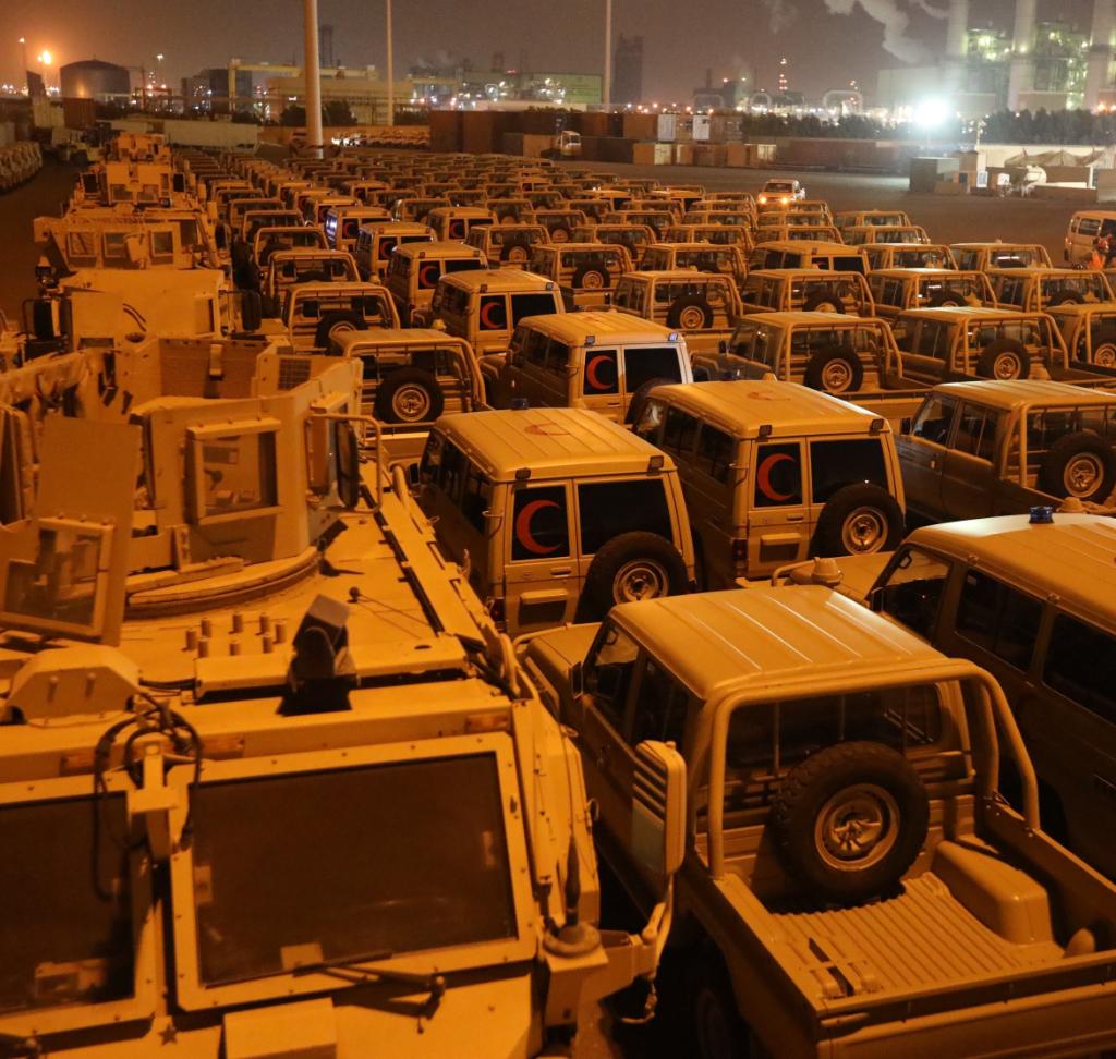 Several hundred military and medical vehicles stand ready for transport to Iraqi Security Forces at the Port of Shuaiba, Kuwait, Dec. 10, 2020. These vehicles are part of the Counter-ISIS Training and Equip Fund which enhances regional security across the Middle East. (U.S. Army Photograph by Sgt. Andrew Figueroa)