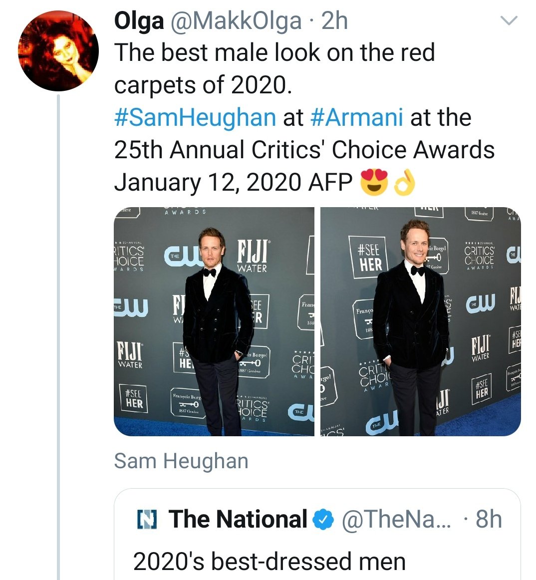  #Samday started with some end of the year goodies like Sam being on the Best Dressed Men of 2020 list of  #TheNational and  #Outlander on  #TheNewYorkTimes Best 50 TV shows on Netflix! Sam and  #Outlander, what a perfect pairing! Way to represent!  #SamHeughan