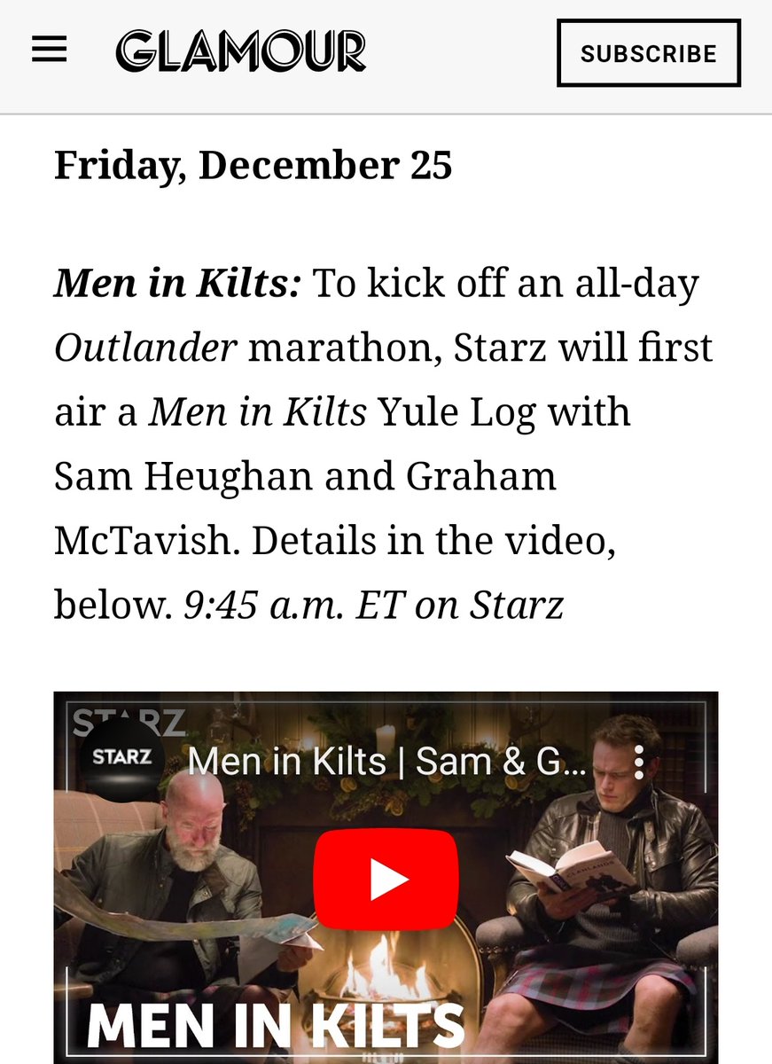 Also on this busy  #Samday, Glamour made a list with 9 shows and movies to cozy up with this Holiday Week and, of course, they listed the  #Outlander Marathon on Starz. MiK' s Yule Log was also aired! Love it! Men in Kilts | Sam & Graham Yule Log | STARZ