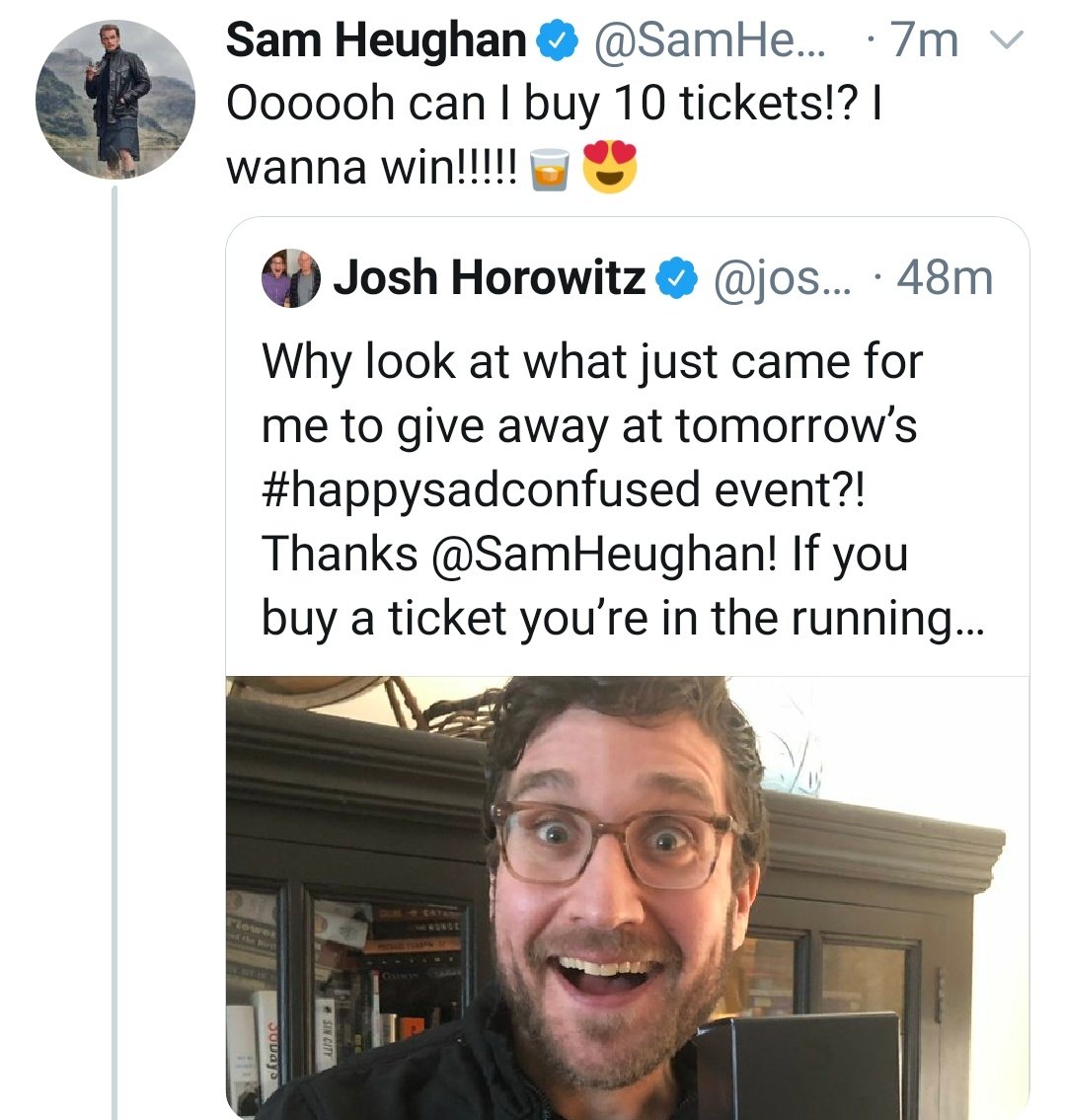 Tuesday started with Josh Horowitz'  #HappySadConfusedevent with Cait announcement, with appeareances by Sam and Graham! All for charity! Plus more  #SassenachWhisky,  #SassenachTartan and of course  #MenInKilts shout-outs!  #TartanTuesday it was!