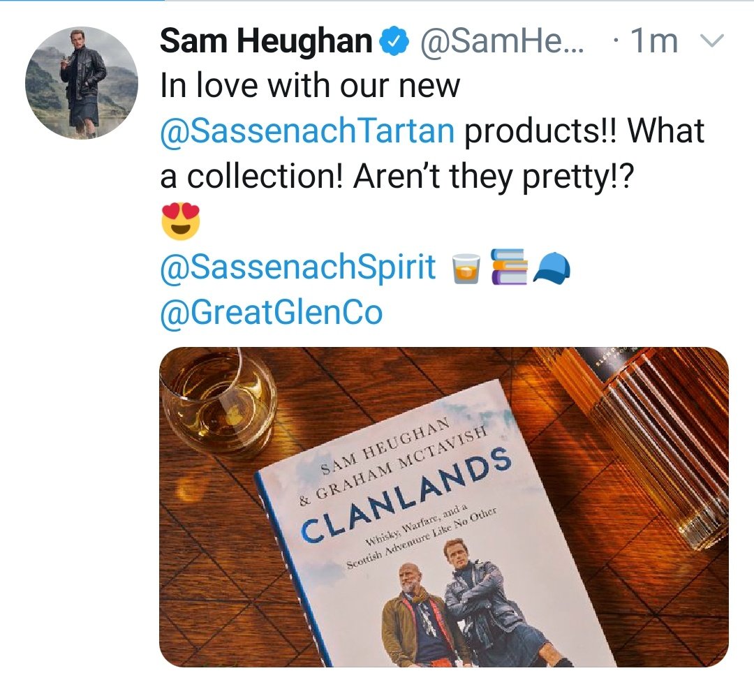 Monday brought another perfect pairing - the  #SassenachTartan,  #sassenachwhisky and  #ClanLandsbook !! Sam, what a glorious year you have had!! So incredibly proud of you! #SamHeughan