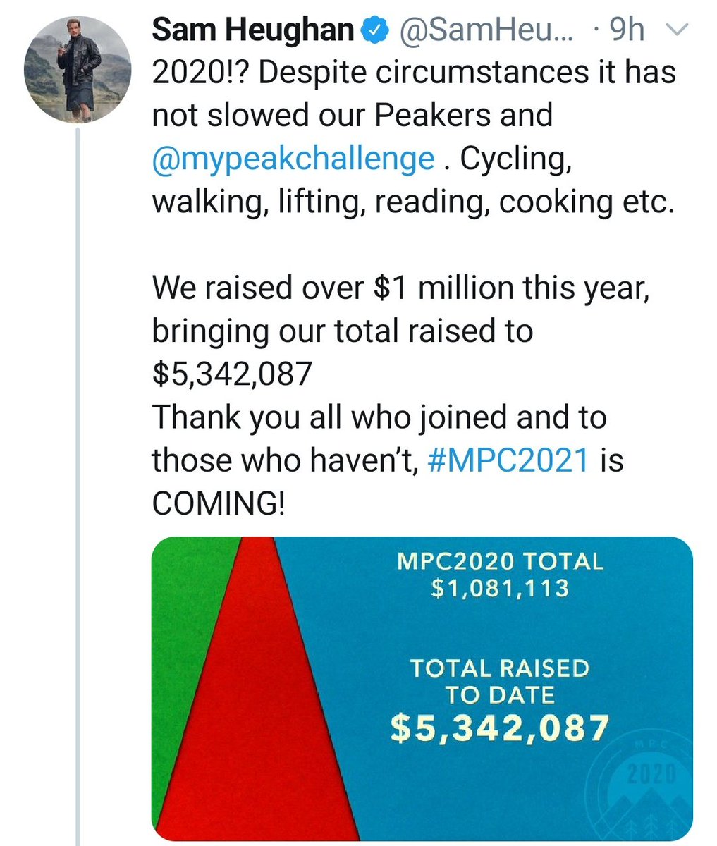 Also on Tuesday, Sam made yet another special announcement. His  #Peakers powered on in 2020 despite everything and through MPC made a difference! Look at those numbers! Not all Heroes wear capes! Shout-out to my girl  @Winikin for this stunning video! #SamHeughan  #mypeakchallenge