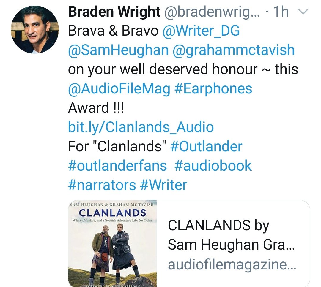Thursday started with another great review of  #ClanLandsBookand a  #EarphonesAward ! i said many times, the Audiobook is incredible! Plus  #TBThursday to Sam on the podcast  #Scran  Talking Whisky with  @SamHeughan - Scran Podcast / Laudable Podcasts