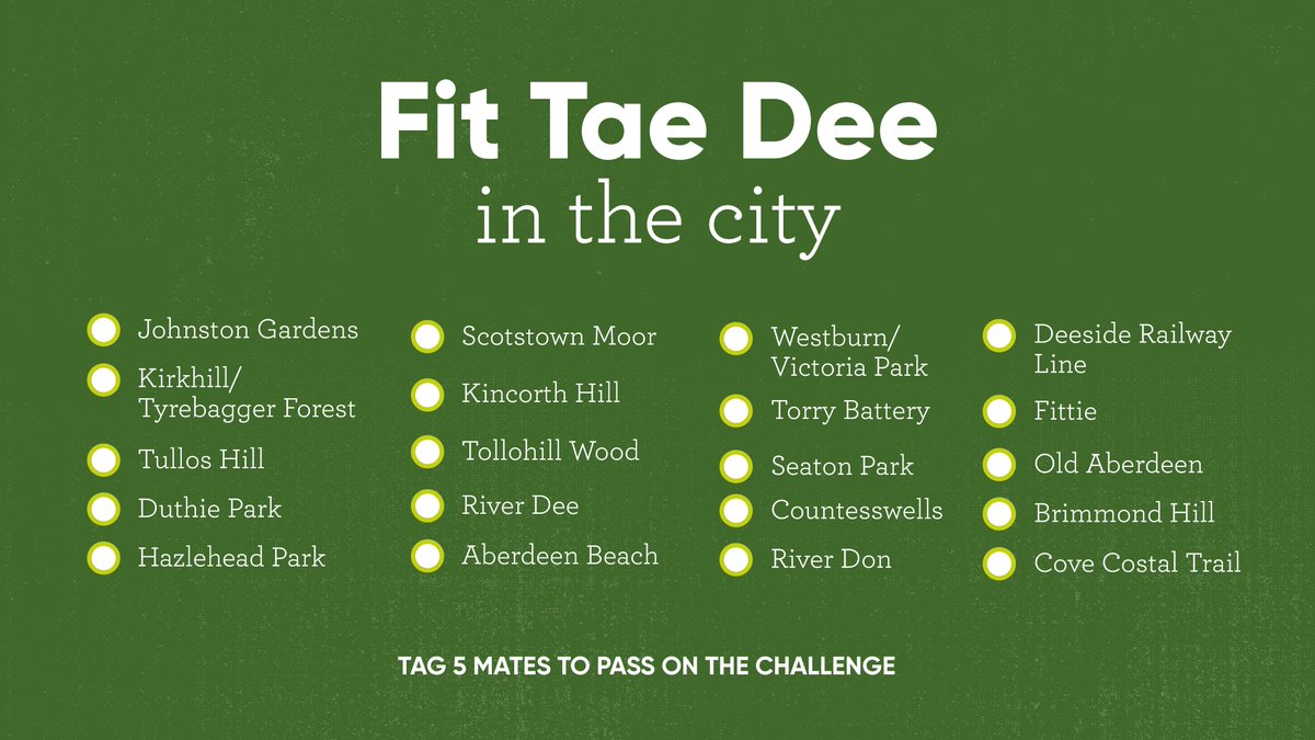 It’s time to walk off the turkey... 

We've put together a challenge to get you walking, running or exploring Aberdeen city/shire! 

To follow Level 4 guidance, we've created one version for the shire &amp; one for the city.

Screenshot the template below &amp; get involved🚶‍♂️

#FitTaeDee