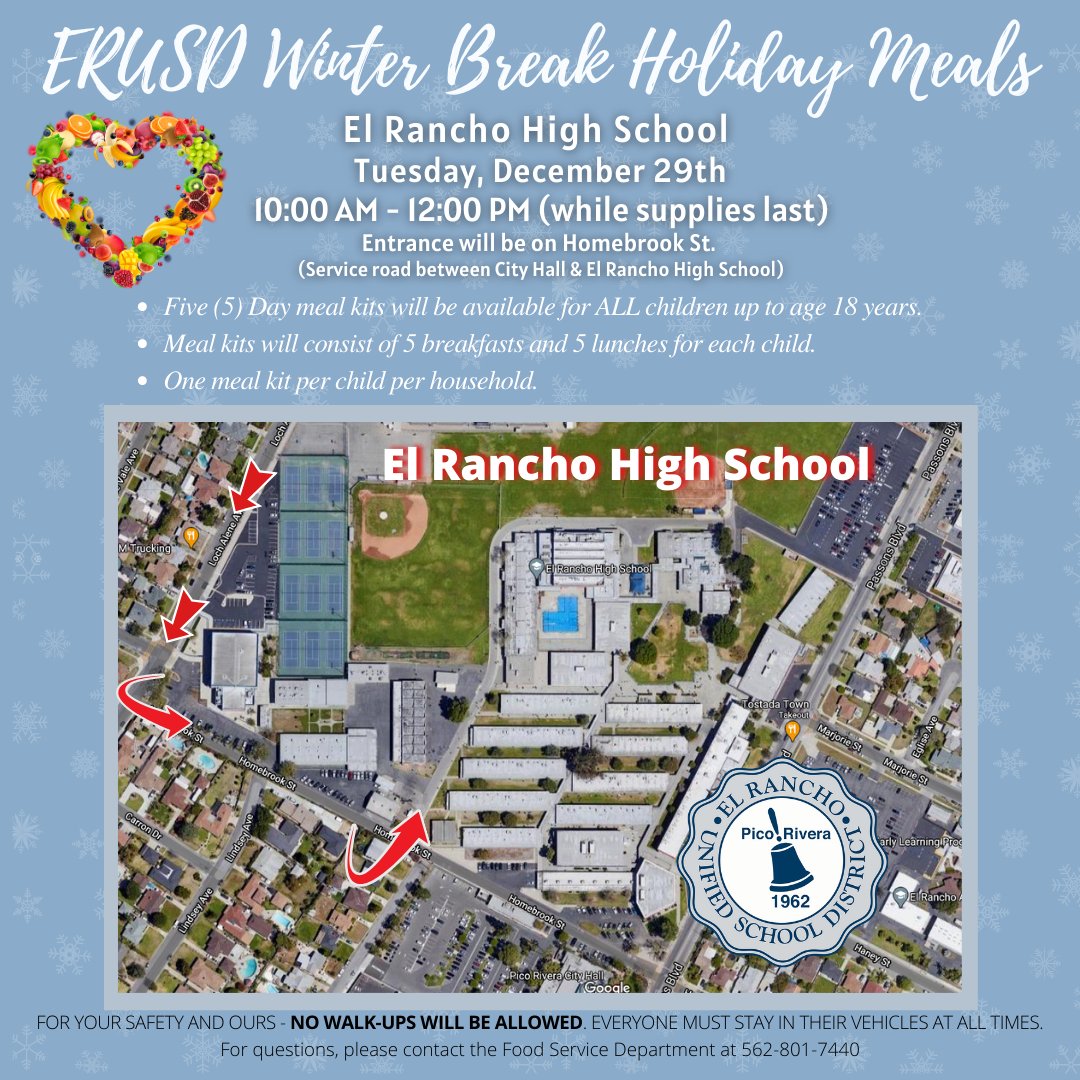 ATTENTION FAMILIES: students are encouraged to pick up extra meal kits for the winter break on Tuesday Dec. 29th. Regular meal distributions will resume Monday, Jan. 4th. 🍊Please share!