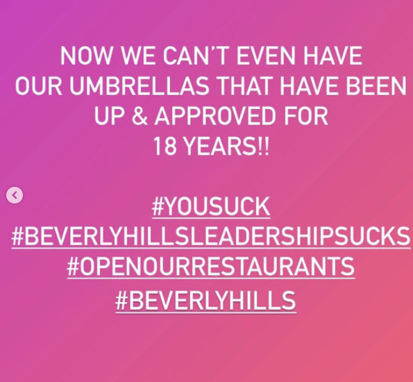 stiles's tweet photo. This is what La Scala posted in September, tagging Beverly Hills Mayor Lester Friedman and the Beverly Hills Chamber of Commerce (@BH_Chamber). The restaurant used the hashtags #yousuck and #openourrestaurants. https://t.co/6iOcw0UUTX https://t.co/yvkoXThE28