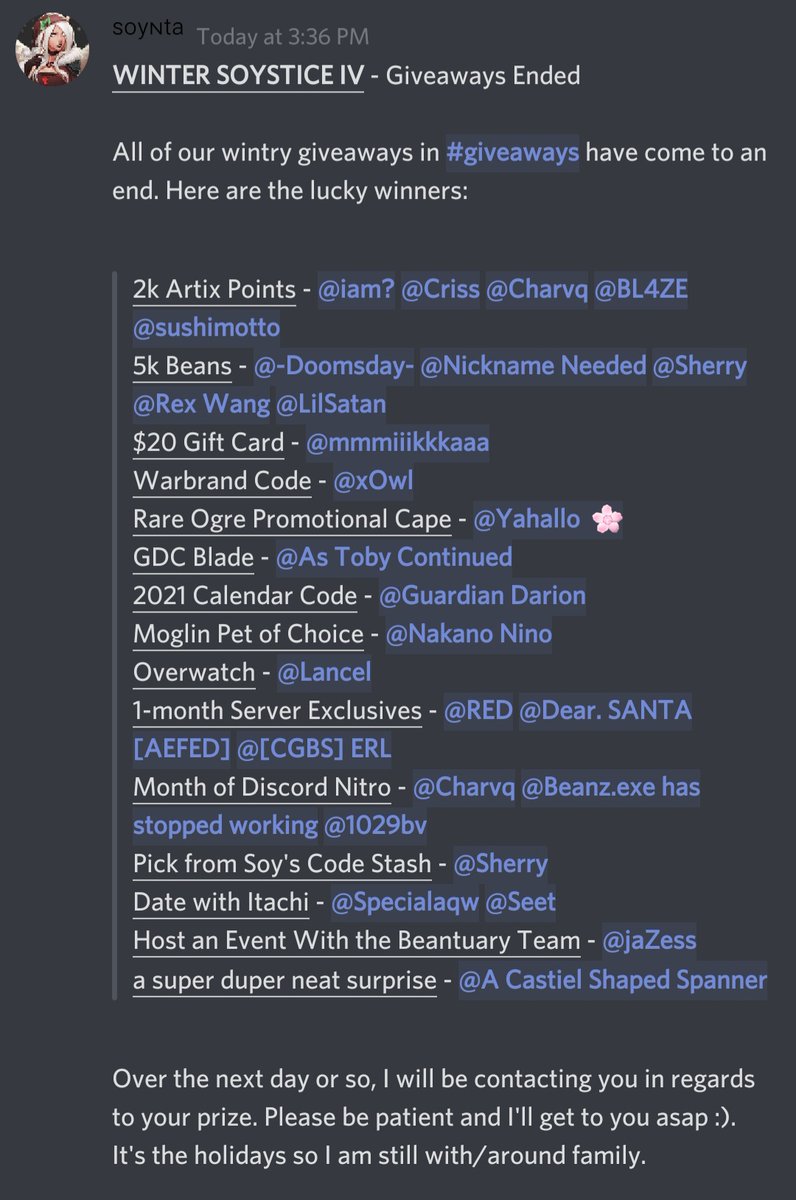beantuary's tweet photo. Giveaways have ended! Congrats to all winners!

Reminders:
• Art contest submissions close today at 8PM EST.
• New Years giveaway is live. Count down to 0 in the new event channel! https://t.co/ITpKmfApBx