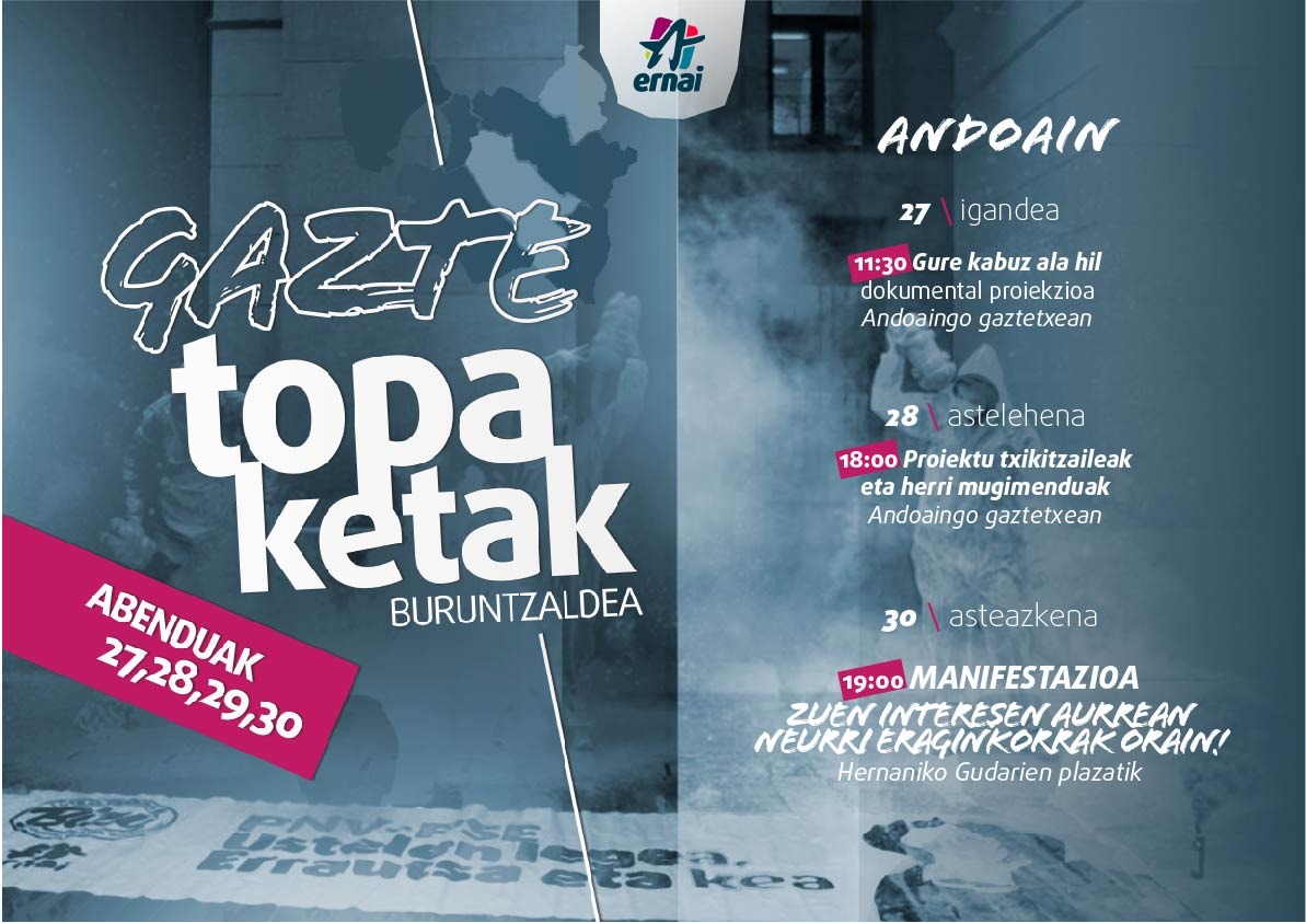 Gure herriaz ikasi eta hausnartzeko, "Proiektu txikitzaileak eta herri mugimenduak" mahai ingurua antolatu dugu astelehenerako. Autobia, ikuspuntu ekologista, merkatari txikiak, urbanismoa, ... guzti honetaz hitz egingo dugu. Animatu! 

🗓️ Abenduak 28
⏰ 18:00
📍Gaztetxean