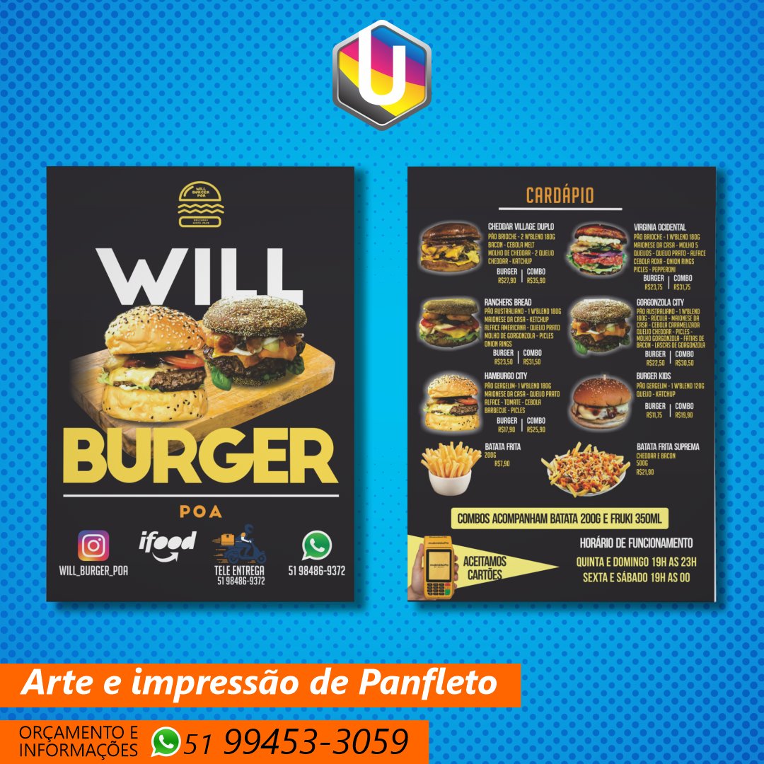 designermarcusv's tweet image. Arte e impressão de panfleto para Hamburgueria.
Mais criações da Umdesign no site umdesign.net.
Orçamento e informações pelo Whatsapp 51 99453-3059.
#Designer
#panfleto
#hamburgueria
#lanchonete
#restaurante