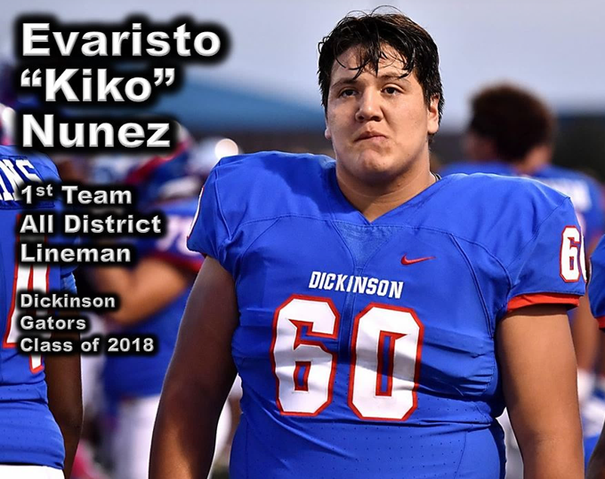 gordjohn1111's tweet photo. Congratulations to the Dickinson Gators 2010s All-Decade Team! 
Here are the offensive linemen (continued):
 - Kiko Nunez - Class of 2018 @kikonunez31
 - Canon Boone - Class of 2021 @CanonBoone75

@DickinsonFB @DHSFBRecruiting https://t.co/sQ7599uaBA