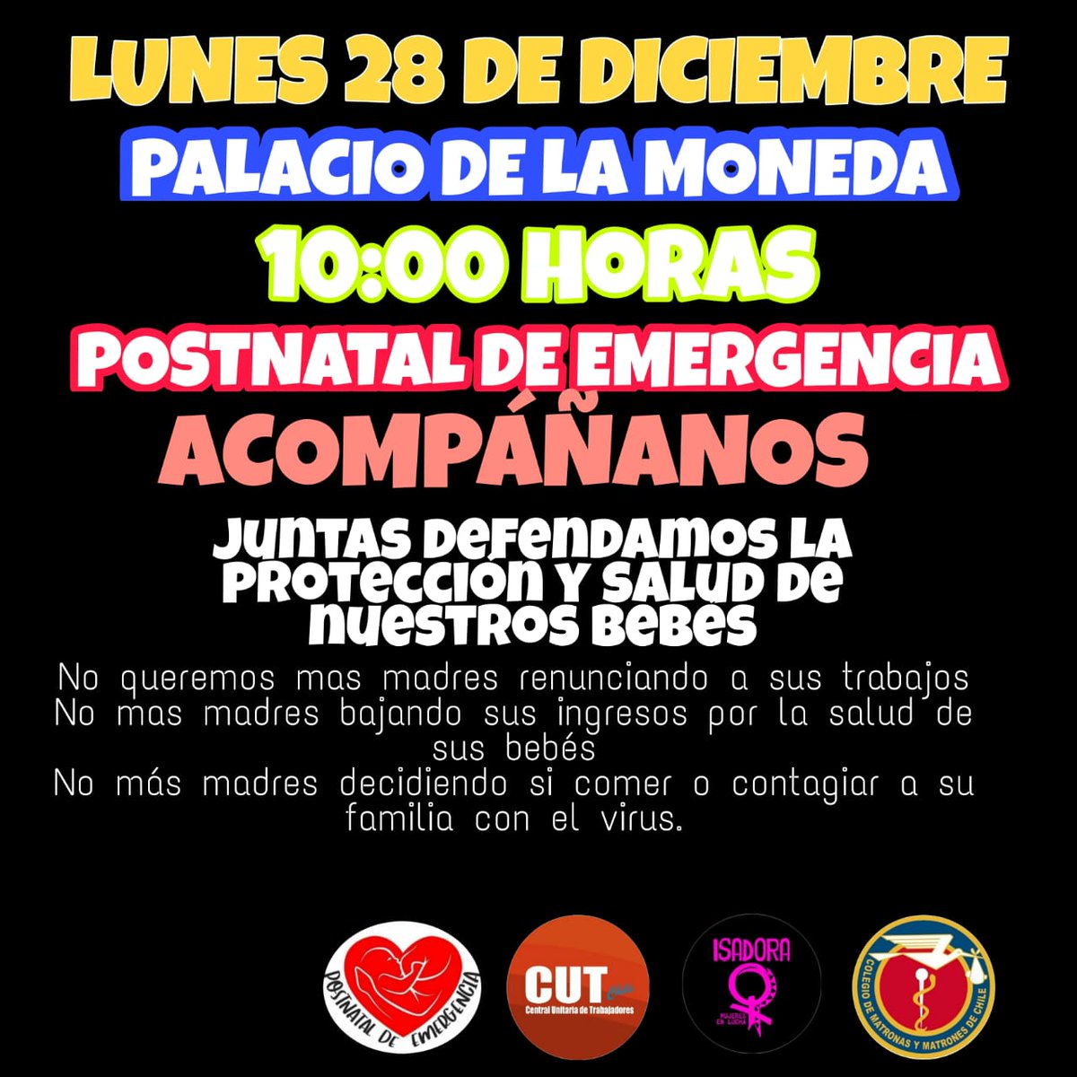 Postnataldeeme1's tweet photo. Lunes 28 a las 10am en La Moneda seguiremos luchando por la protección de la salud de nuestros Bebes💪🏼
L@s esperamos..necesitamos de su apoyo
#ExtensionPostnatalDeEmergencia 
Hasta cuando debemos esperar?Escucha @mjose_zaldivar @monicazalaquett @ignaciobriones_ @sebastianpinera https://t.co/sPaUaBqGoZ