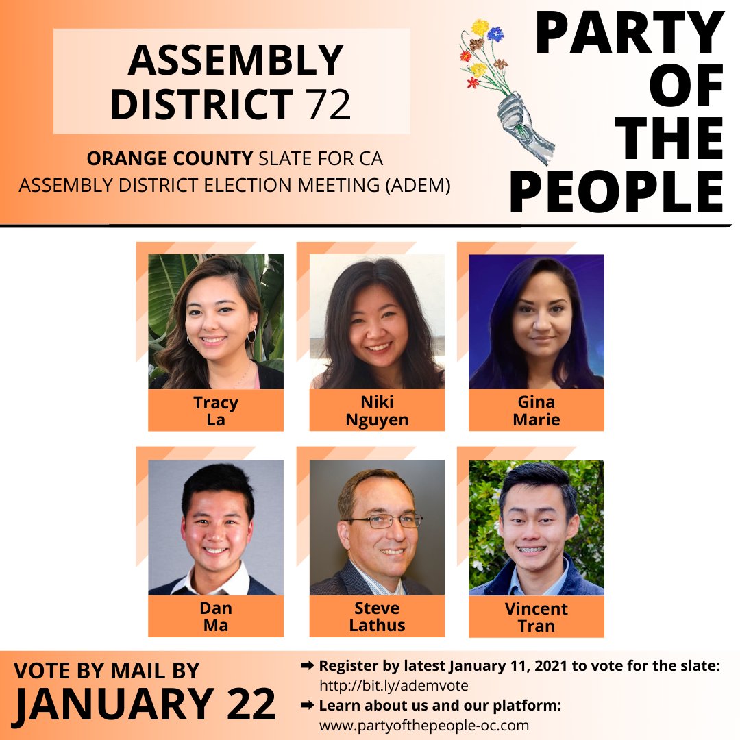 Community, if you live in Assembly District 72 in Orange County, please vote for me & my slate in the upcoming CA Democratic Party ADEM elections.This is my 1st time running to be a delegate & I am proud to run with truly progressive advocates on the Party of the People slate!