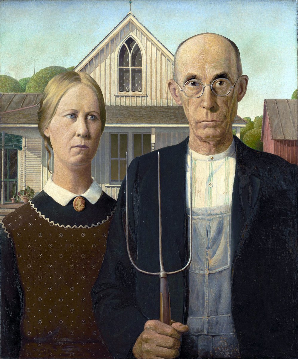 sarah_ispale's tweet image. schitt’s creek screencaps as famous paintings, a thread:

1. American Gothic (Wood, 1930)