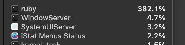dakull's tweet photo. #ruby #ractor 3.0.0 using all the logical cores. woo hoo 🚀 https://t.co/XSYIAmOWDf