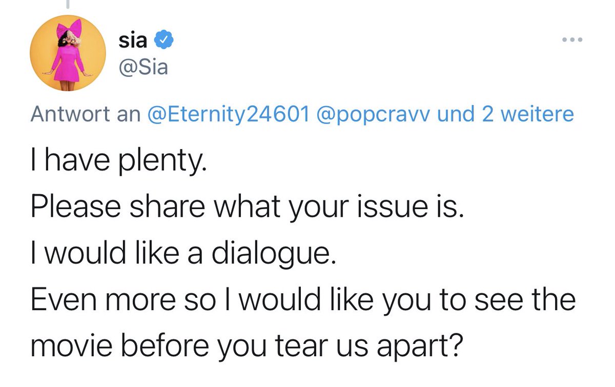 7. Against what the majority of autistic advocates are claiming on Twitter that Sia ”is unreasonable“, she is actually very open to have an honest dialogue with some representatives on their concerns on the movie ”MUSIC“.