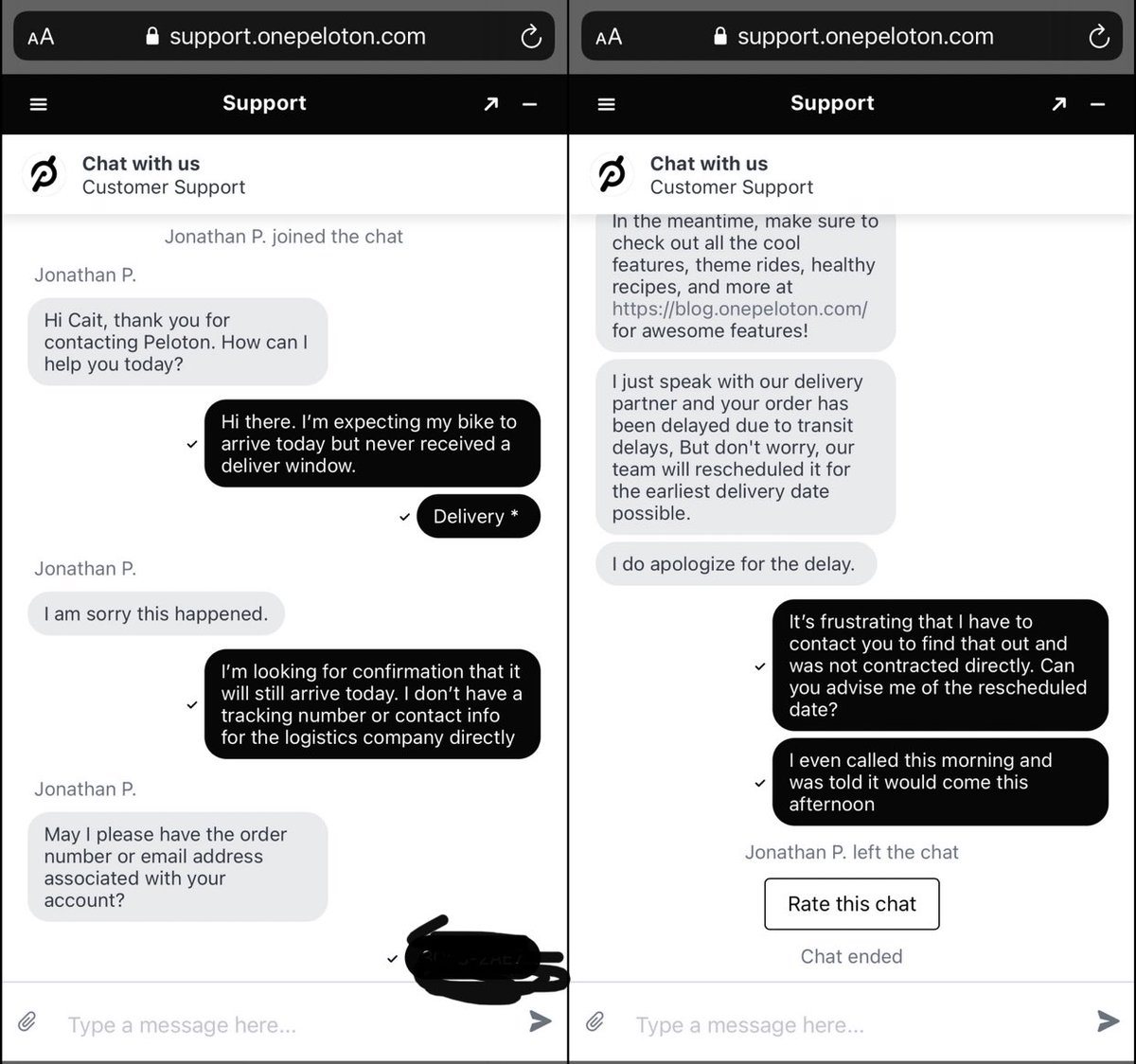 caitwooo's tweet photo. Customer service at its finest... so disappointed  @onepeloton https://t.co/HVr0lbsfFO