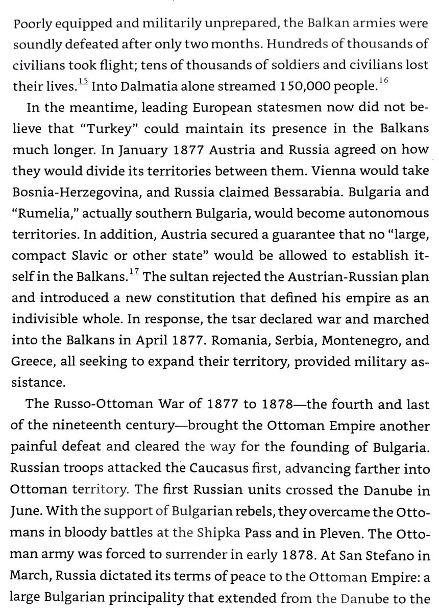 Massacres in Balkans drove European opinion against . &  invaded & were defeated,  invaded  in 1877, creating Greater . Other powers were worried by , & at Congress of Berlin 1878  losses were reduced. &  had influence spheres in W & E Balkans respectively.