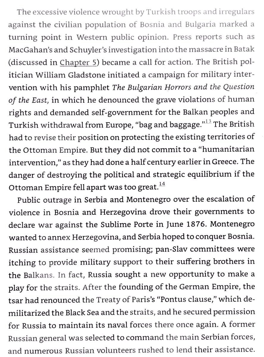 Massacres in Balkans drove European opinion against . &  invaded & were defeated,  invaded  in 1877, creating Greater . Other powers were worried by , & at Congress of Berlin 1878  losses were reduced. &  had influence spheres in W & E Balkans respectively.