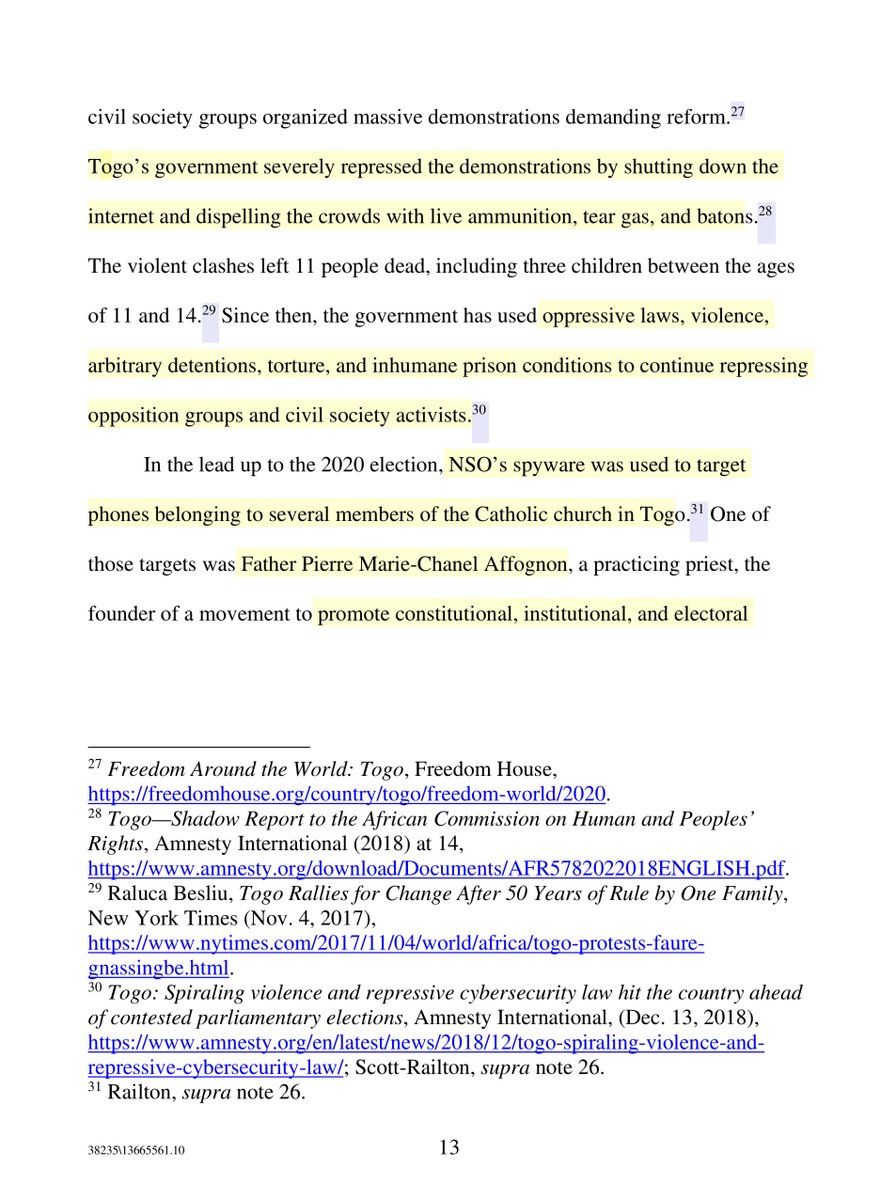 The argument is:NSO/Qtech’s Pegasus is almost exclusively used by some of the most oppressive regimes on the planet. Pegasus is a cyber-weapon and these barbaric regimes use Pegasus to silence “dissenters“ and in many cases permanently silence dissenters by killing them.